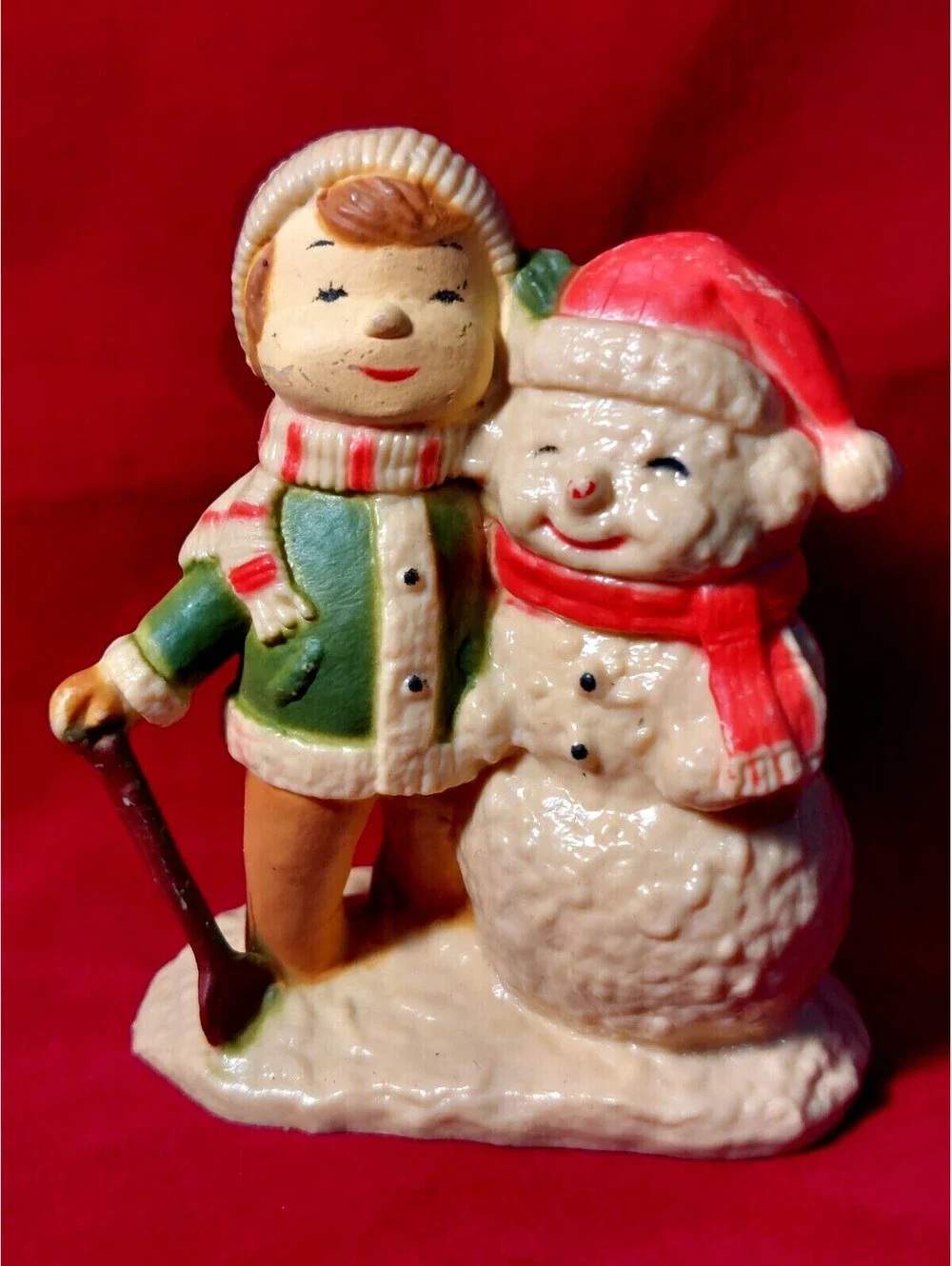 Vintage Boy and Snowman Plastic Figurine Christmas Decoration Ornament 3